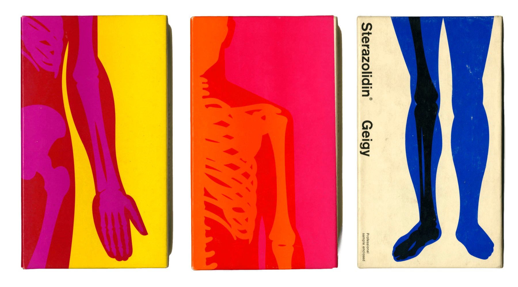 Three Geigy medicine boxes featuring bold graphic illustrations of human legs in contrasting colors: magenta on yellow, orange on pink, and blue on cream, designed by Fred Troller
